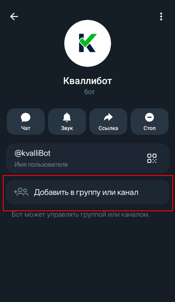 Кнопка «Добавить в группу или канал» в профиле бота