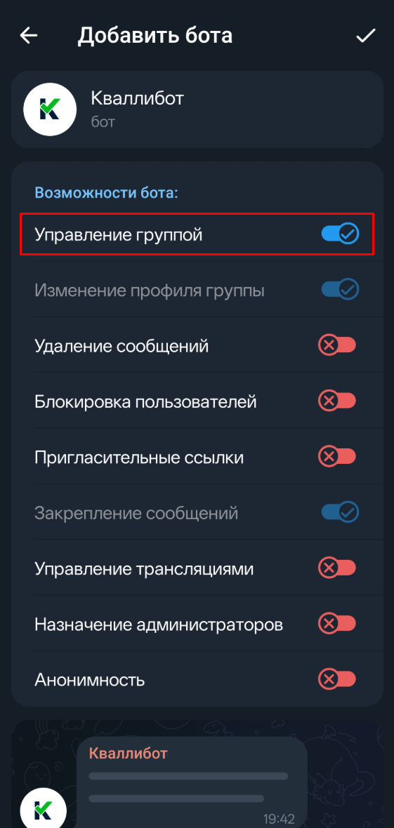 Включение «Управление группой» при добавлении бота