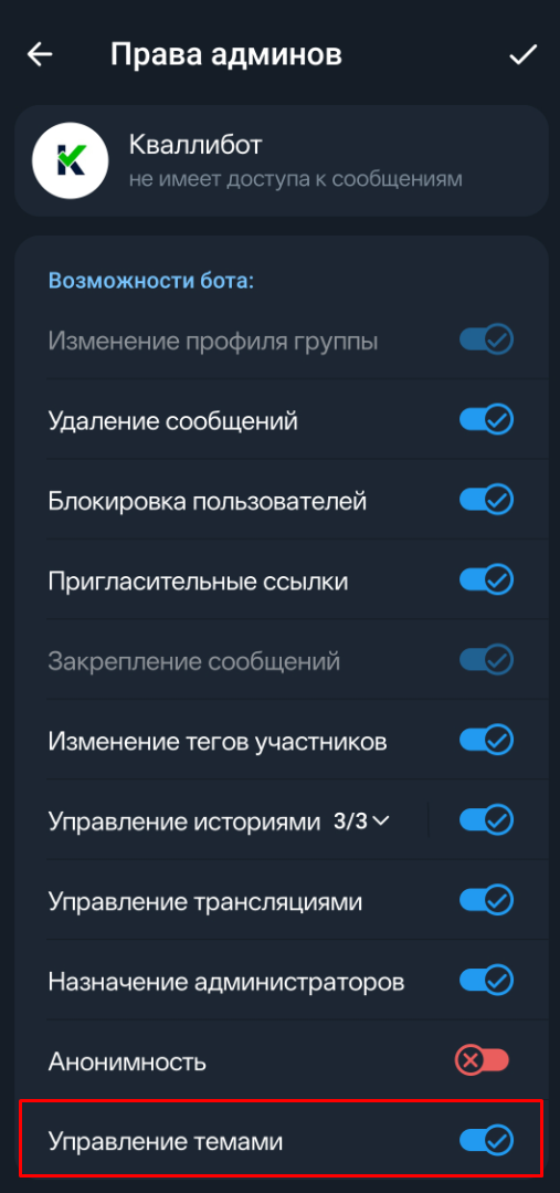 Как выглядит необходимое разрешение Управлять темами (Manage Topics)